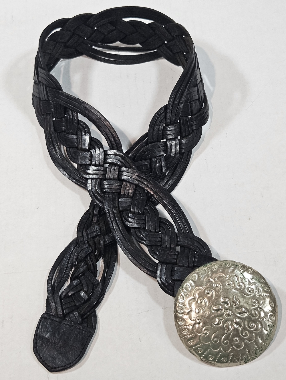VTG Womens Ornate Silver Medallion Woven Leather Belt 37" Moroccan Boho Cowgirl